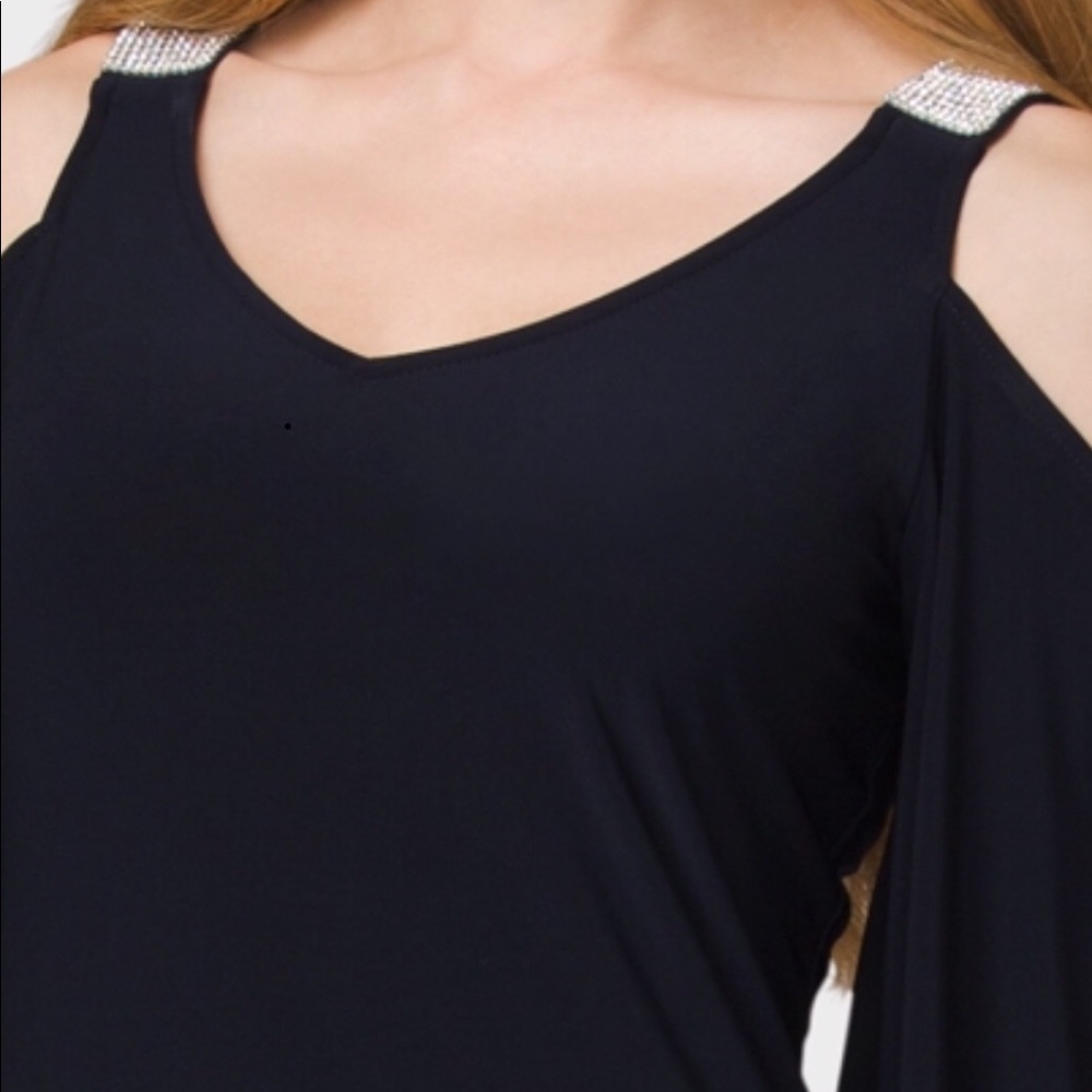 Rhinestone cold shoulder black blouse.